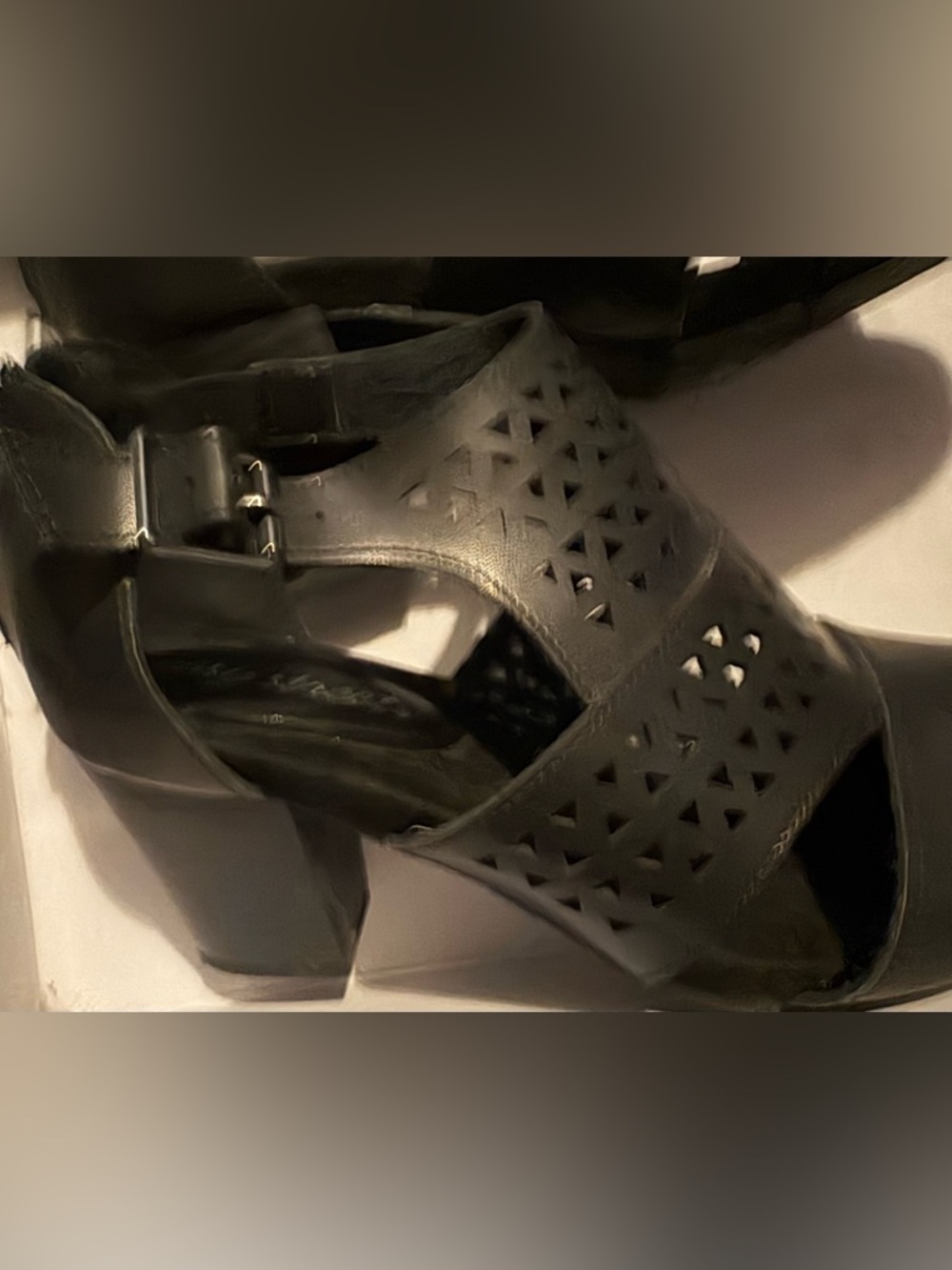 Black Cutout Leather Block Heel Sandals